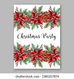 Poinsettia Christmas Party Invitation Poster Flyer for winter holiday event fiesta Red white flowers fir pine evergreen winter wreath red  blue berry