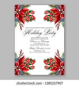 Poinsettia Christmas Party Invitation Poster Flyer for winter holiday event fiesta Red white flowers fir pine evergreen winter wreath red  blue berry
