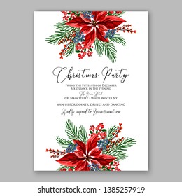 Poinsettia Christmas Party Invitation Poster Flyer for winter holiday event fiesta Red white flowers fir pine evergreen winter wreath red  blue berry