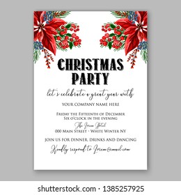 Poinsettia Christmas Party Invitation Poster Flyer for winter holiday event fiesta Red white flowers fir pine evergreen winter wreath red  blue berry