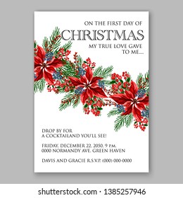 Poinsettia Christmas Party Invitation Poster Flyer for winter holiday event fiesta Red white flowers fir pine evergreen winter wreath red  blue berry
