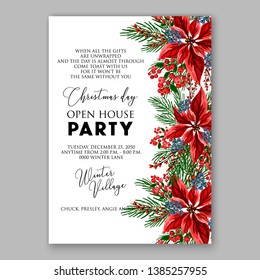 Poinsettia Christmas Party Invitation Poster Flyer for winter holiday event fiesta Red white flowers fir pine evergreen winter wreath red  blue berry