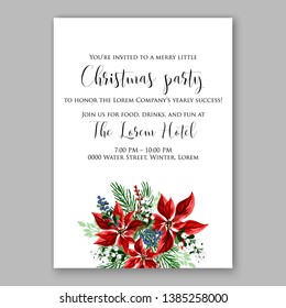 Poinsettia Christmas Party Invitation Poster Flyer for winter holiday event fiesta Red white flowers fir pine evergreen winter wreath red  blue berry
