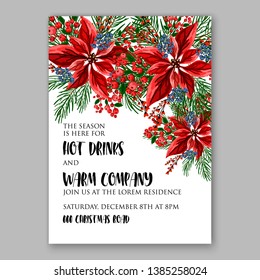 Poinsettia Christmas Party Invitation Poster Flyer for winter holiday event fiesta Red white flowers fir pine evergreen winter wreath red  blue berry