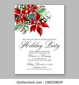 Poinsettia Christmas Party Invitation Poster Flyer for winter holiday event fiesta Red white flowers fir pine evergreen winter wreath red  blue berry