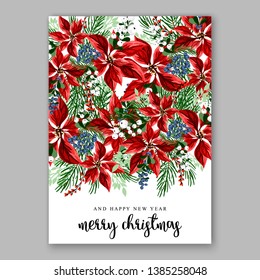 Poinsettia Christmas Party Invitation Poster Flyer for winter holiday event fiesta Red white flowers fir pine evergreen winter wreath red  blue berry