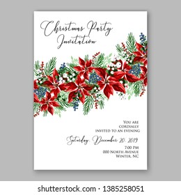 Poinsettia Christmas Party Invitation Poster Flyer for winter holiday event fiesta Red white flowers fir pine evergreen winter wreath red  blue berry