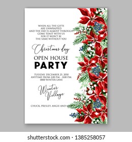 Poinsettia Christmas Party Invitation Poster Flyer for winter holiday event fiesta Red white flowers fir pine evergreen winter wreath red  blue berry