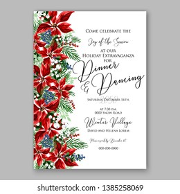 Poinsettia Christmas Party Invitation Poster Flyer for winter holiday event fiesta Red white flowers fir pine evergreen winter wreath red  blue berry