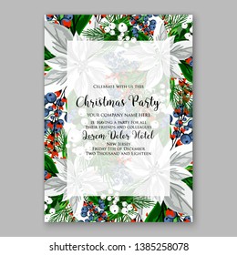 Poinsettia Christmas Party Invitation Poster Flyer for winter holiday event fiesta Red white flowers fir pine evergreen winter wreath red  blue berry