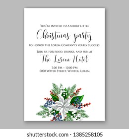 Poinsettia Christmas Party Invitation Poster Flyer for winter holiday event fiesta Red white flowers fir pine evergreen winter wreath red  blue berry