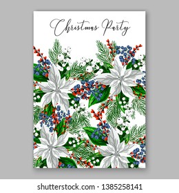 Poinsettia Christmas Party Invitation Poster Flyer for winter holiday event fiesta Red white flowers fir pine evergreen winter wreath red  blue berry