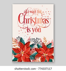 Poinsettia Christmas Party Invitation sample card beautiful winter floral ornament fir wreath