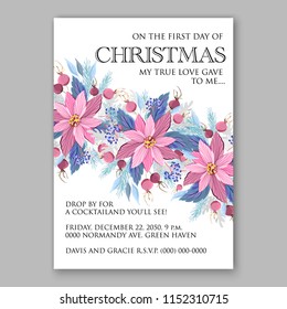 Poinsettia Christmas Party invitation vector winter floral wreath clipart holiday background fir branch pine cone dog-rose berry 