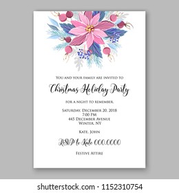 Poinsettia Christmas Party invitation vector winter floral wreath clipart holiday background fir branch pine cone dog-rose berry 