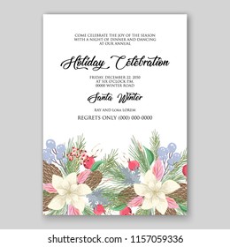 Poinsettia Christmas Party invitation vector winter floral wreath clipart holiday background fir branch pine cone dog-rose berry