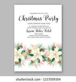 Poinsettia Christmas Party invitation vector winter floral wreath clipart holiday background fir branch pine cone dog-rose berry
