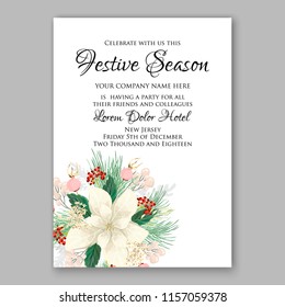 Poinsettia Christmas Party invitation vector winter floral wreath clipart holiday background fir branch pine cone dog-rose berry