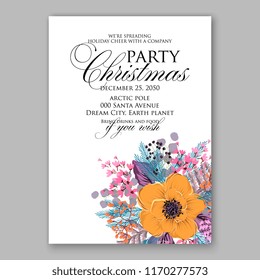 Poinsettia Christmas party invitation vector floral wreath fir branch berry winter holiday greeting card