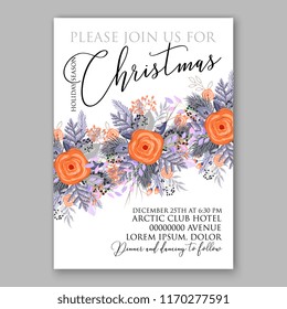 Poinsettia Christmas party invitation vector floral wreath fir branch berry winter holiday greeting card