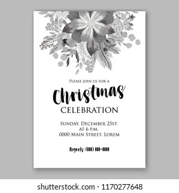 Poinsettia Christmas party invitation vector floral wreath fir branch berry winter holiday greeting card