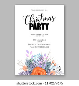 Poinsettia Christmas party invitation vector floral wreath fir branch berry winter holiday greeting card