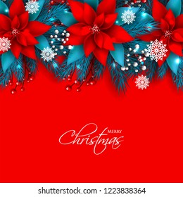 Poinsettia Christmas party invitation vector template greeting card with pine and fir branches red berry wreath in the snowflake, lights