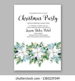 Poinsettia Christmas Party Invitation Winter white flower wreath illustration card template Fir tree branch privet blue berry