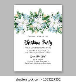 Poinsettia Christmas Party Invitation Winter white flower wreath illustration card template Fir tree branch privet blue berry