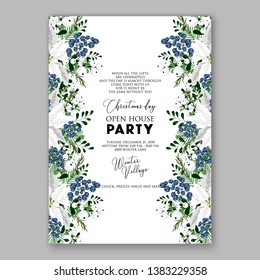Poinsettia Christmas Party Invitation Winter white flower wreath illustration card template Fir tree branch privet blue berry