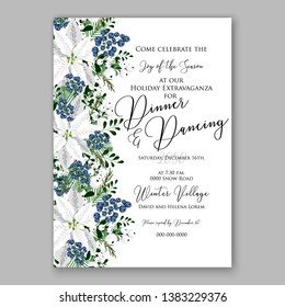Poinsettia Christmas Party Invitation Winter white flower wreath illustration card template Fir tree branch privet blue berry
