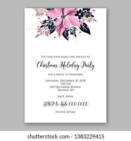 Poinsettia Christmas Party Invitation Winter pink flower wreath illustration card template Fir tree branch red blue berry navy blue leaf greenery