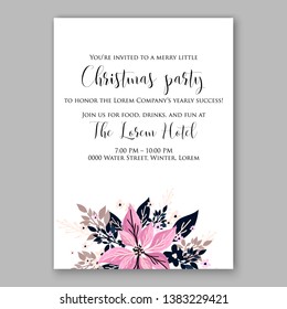 Poinsettia Christmas Party Invitation Winter pink flower wreath illustration card template Fir tree branch red blue berry navy blue leaf greenery