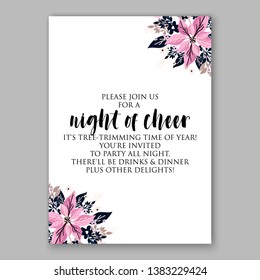 Poinsettia Christmas Party Invitation Winter pink flower wreath illustration card template Fir tree branch red blue berry navy blue leaf greenery