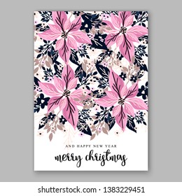 Poinsettia Christmas Party Invitation Winter pink flower wreath illustration card template Fir tree branch red blue berry navy blue leaf greenery