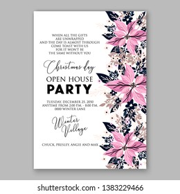 Poinsettia Christmas Party Invitation Winter pink flower wreath illustration card template Fir tree branch red blue berry navy blue leaf greenery