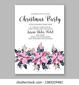 Poinsettia Christmas Party Invitation Winter pink flower wreath illustration card template Fir tree branch red blue berry navy blue leaf greenery