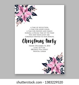 Poinsettia Christmas Party Invitation Winter pink flower wreath illustration card template Fir tree branch red blue berry navy blue leaf greenery