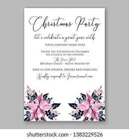 Poinsettia Christmas Party Invitation Winter pink flower wreath illustration card template Fir tree branch red blue berry navy blue leaf greenery