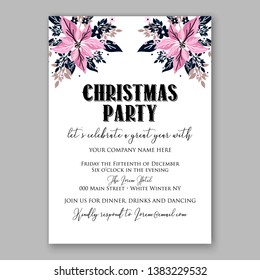 Poinsettia Christmas Party Invitation Winter pink flower wreath illustration card template Fir tree branch red blue berry navy blue leaf greenery