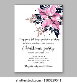 Poinsettia Christmas Party Invitation Winter pink flower wreath illustration card template Fir tree branch red blue berry navy blue leaf greenery