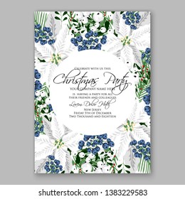 Poinsettia Christmas Party Invitation Winter white flower wreath illustration card template Fir tree branch privet blue berry