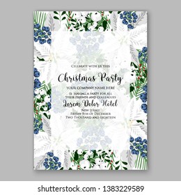 Poinsettia Christmas Party Invitation Winter white flower wreath illustration card template Fir tree branch privet blue berry