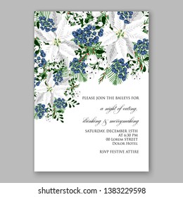 Poinsettia Christmas Party Invitation Winter white flower wreath illustration card template Fir tree branch privet blue berry