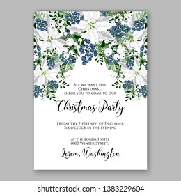 Poinsettia Christmas Party Invitation Winter white flower wreath illustration card template Fir tree branch privet blue berry