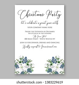 Poinsettia Christmas Party Invitation Winter white flower wreath illustration card template Fir tree branch privet blue berry