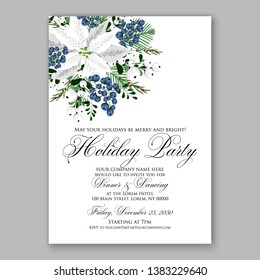 Poinsettia Christmas Party Invitation Winter white flower wreath illustration card template Fir tree branch privet blue berry