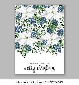 Poinsettia Christmas Party Invitation Winter white flower wreath illustration card template Fir tree branch privet blue berry
