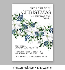 Poinsettia Christmas Party Invitation Winter white flower wreath illustration card template Fir tree branch privet blue berry