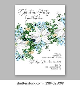 Poinsettia Christmas Party Invitation Winter white flower wreath illustration card template Fir tree branch privet blue berry